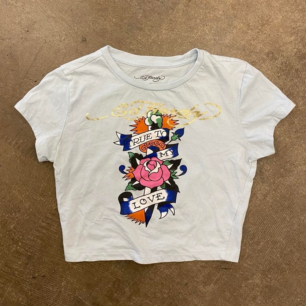 Vintage Y2K Ed Hardy Womens Baby Tee American Tradtional Tattoo T-Shirt Size M
